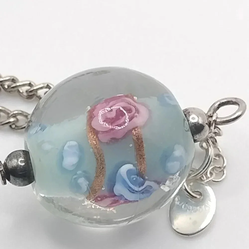 Glass Bead Silver Tone Dangle Floral Pendant Circle Signed SUC925CH